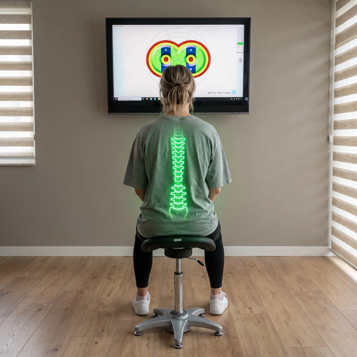Vrouw op de Flexchair met de Rugtest op het scherm